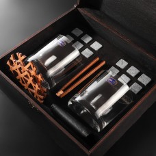 Камни для виски Whiskey stones Original в подарочной деревянной упаковке 12 шт. из стеатита + 2 бокала Bohemia Barline + щипцы с инструкцией Серые