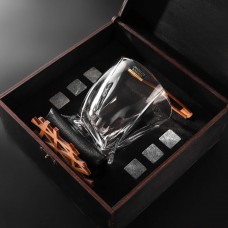 Камни для виски Whiskey stones Original в подарочной деревянной упаковке 6 шт. из стеатита + бокал Bohemia Quadro + щипцы с инструкцией Серые